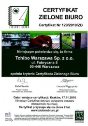 Firma Tchibo Warszawa otrzymała Certyfikat Zielone Biuro 